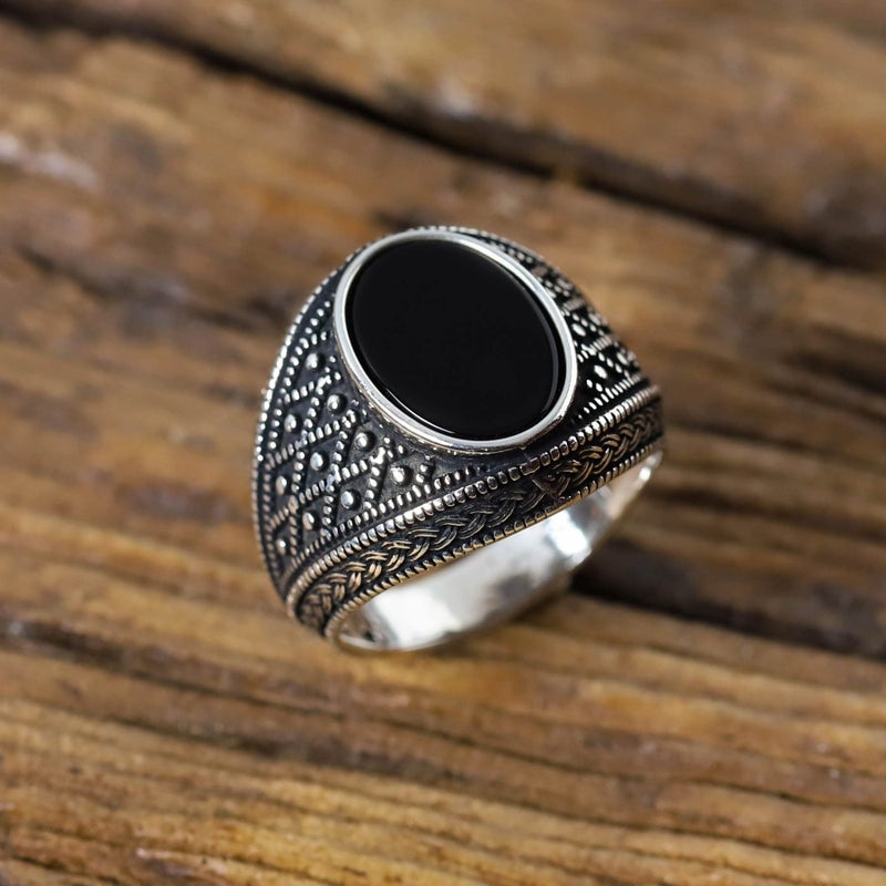 Babylon Silver Turkish Handmade Ottoman 925 Sterling Silver Onyx Stone Men Ring Gift for Him (12) - Image 2